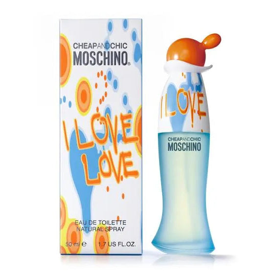 Moschino I Love Love perfume bottle and packaging on a white background