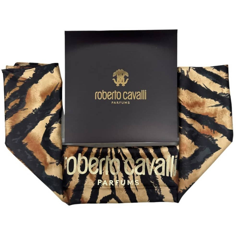 Roberto Cavalli Parfums scarf with tiger print design in gold and black, presented with branded black gift box