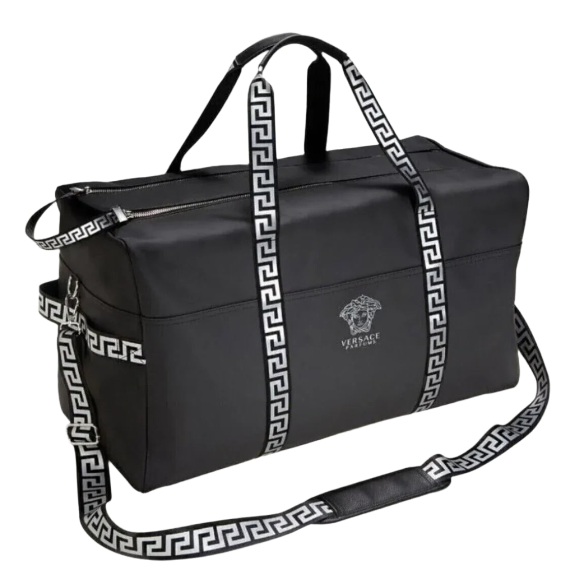 Versace black weekend bag with Medusa logo and Greca pattern straps, designed for stylish travel and short getaways