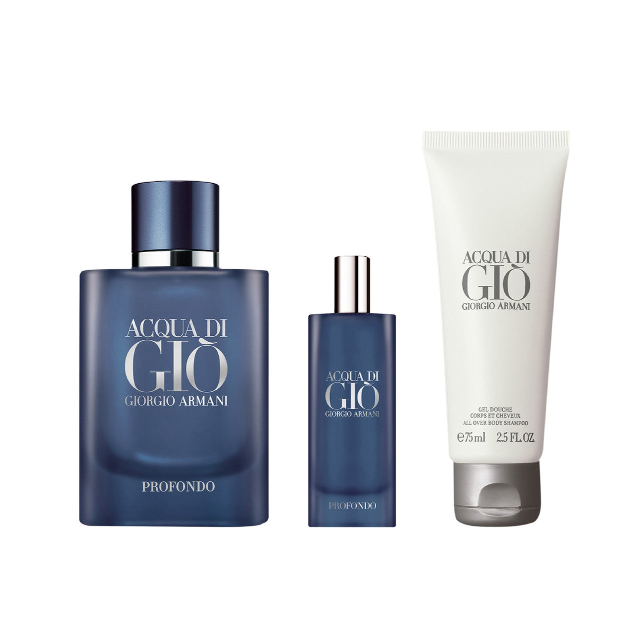 Acqua di Giò Profondo by Giorgio Armani perfume set on a white background