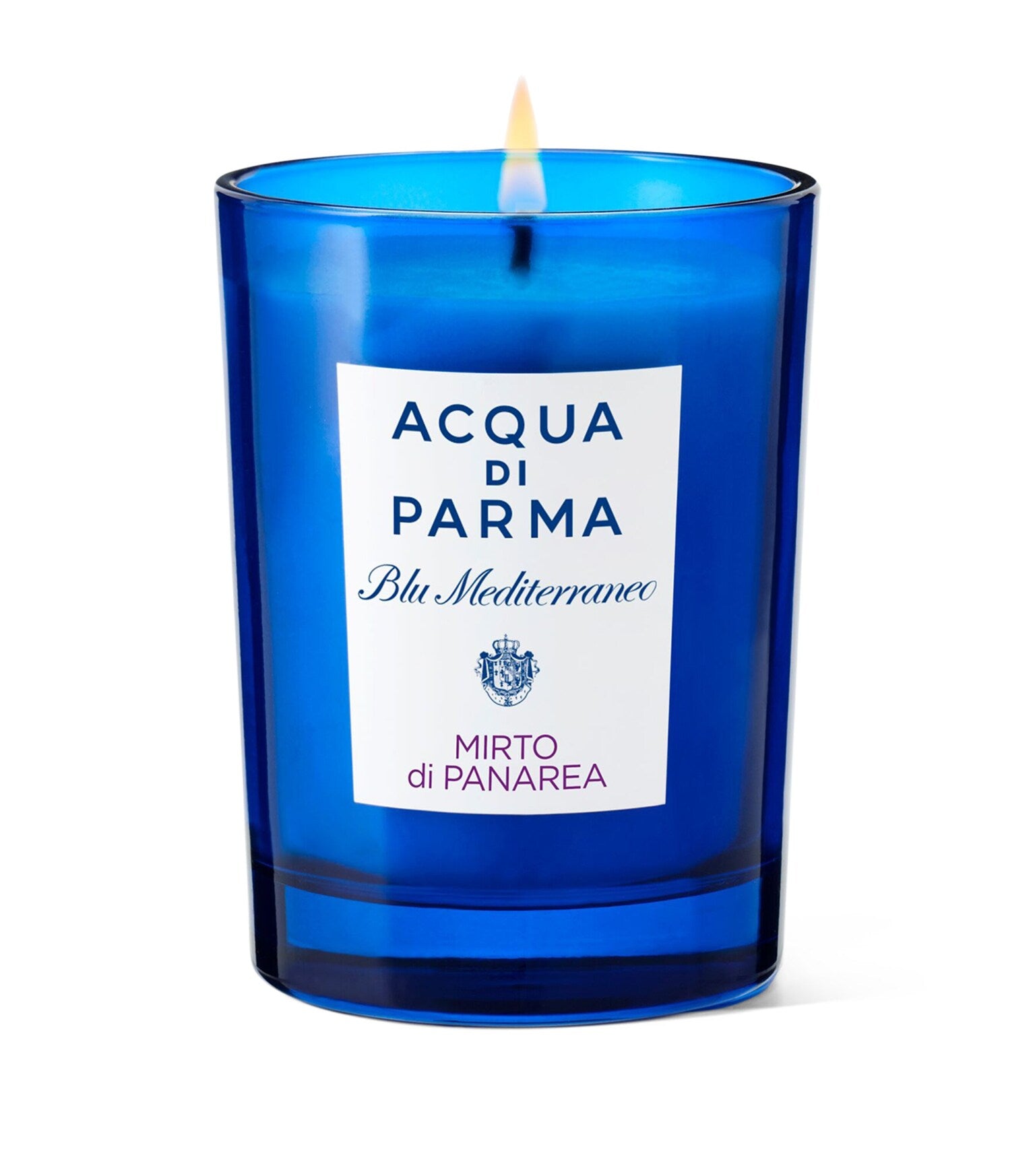Blue candle with Acqua di Parma label on a white background