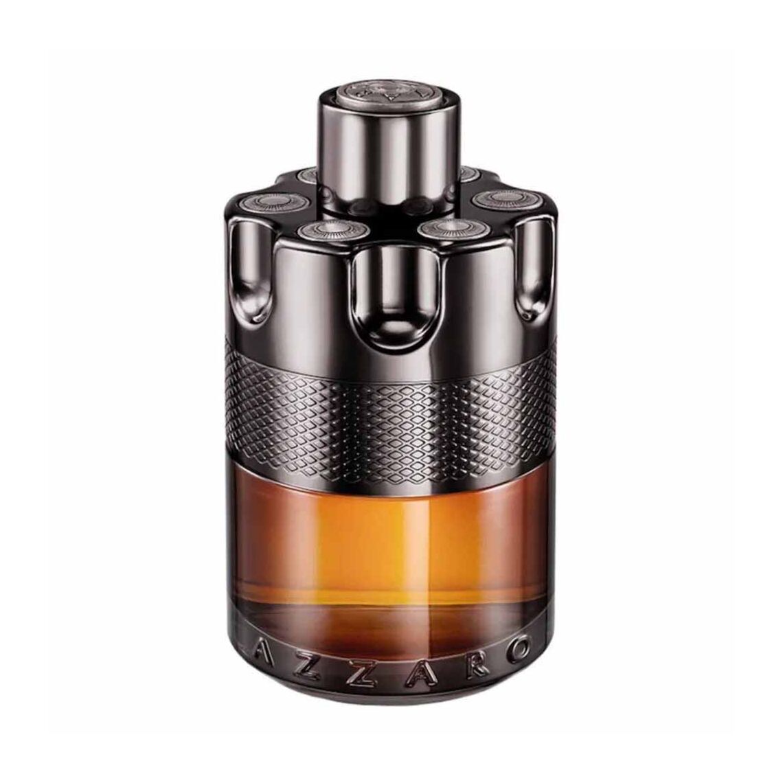 A bottle of Azzaro fragrance with a metallic dark gray and black crown-like cap, a textured middle band, and amber-colored liquid in a clear lower bottle, shown on a plain white background.