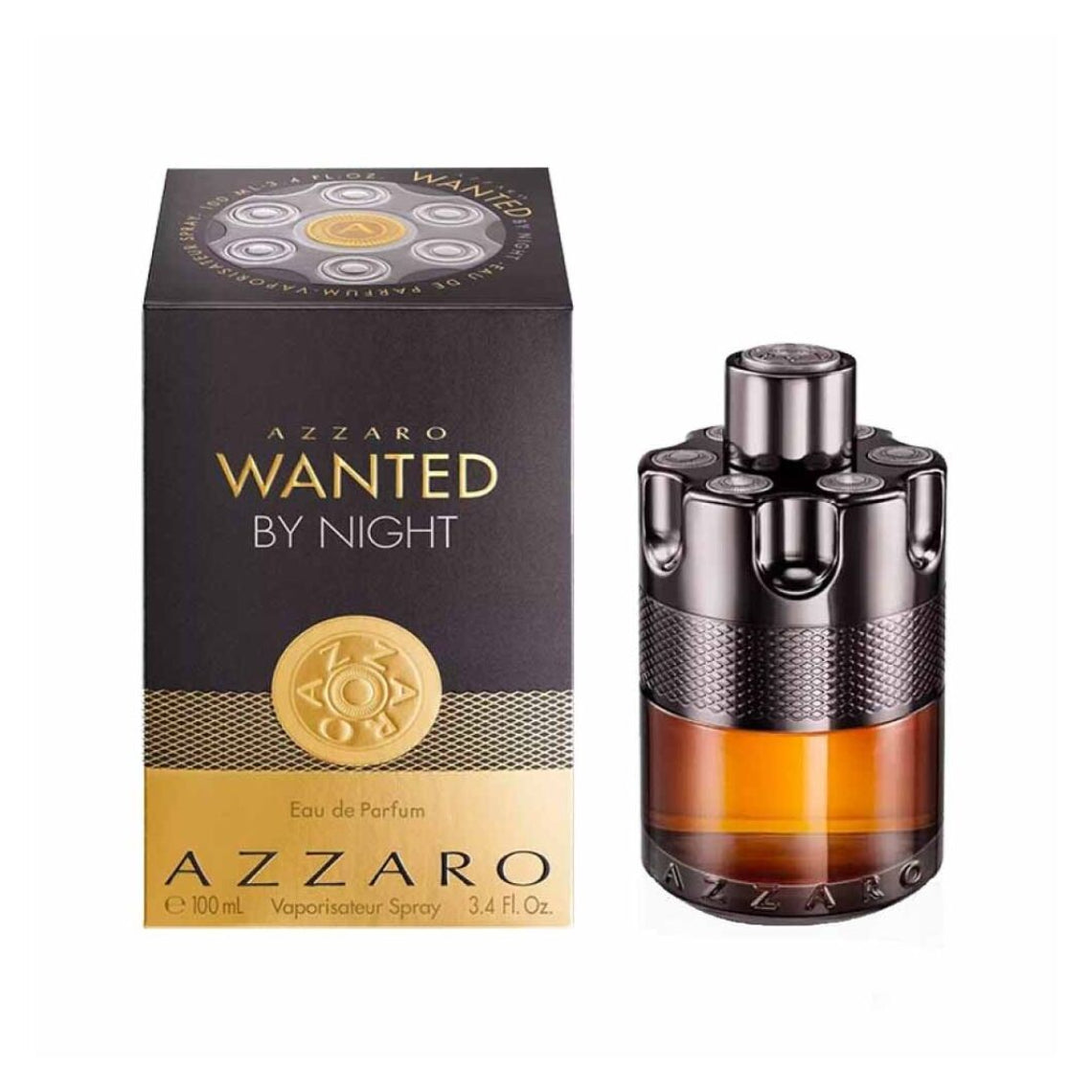 Azzaro Wanted By Night Eau de Parfum 50ml bottle next to its black and gold packaging box on a white background.