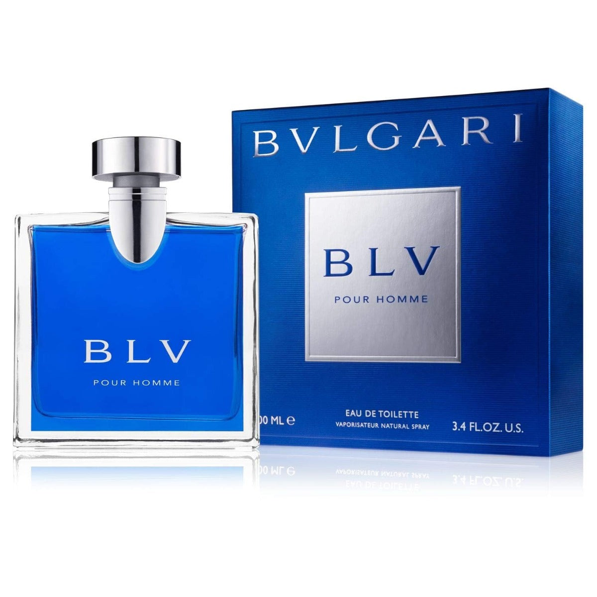 Bvlgari BLV Pour Homme Eau de Toilette 100ml in the sleek blue-tinted rectangular glass bottle with silver Bvlgari lettering and clean minimalist design