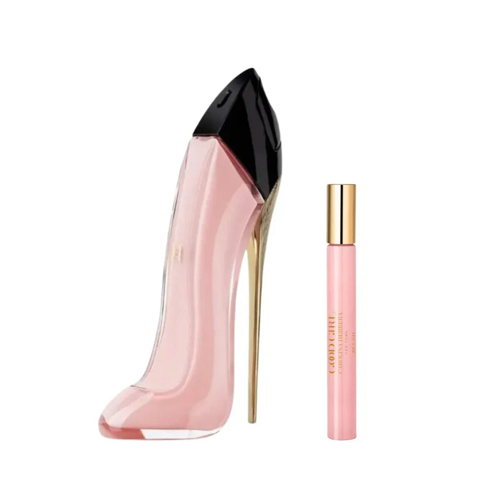 Carolina Herrera Good Girl Blush Eau de Parfum travel exclusive set with 80ml and 10ml in the iconic soft powder pink stiletto bottle with gold heel detail