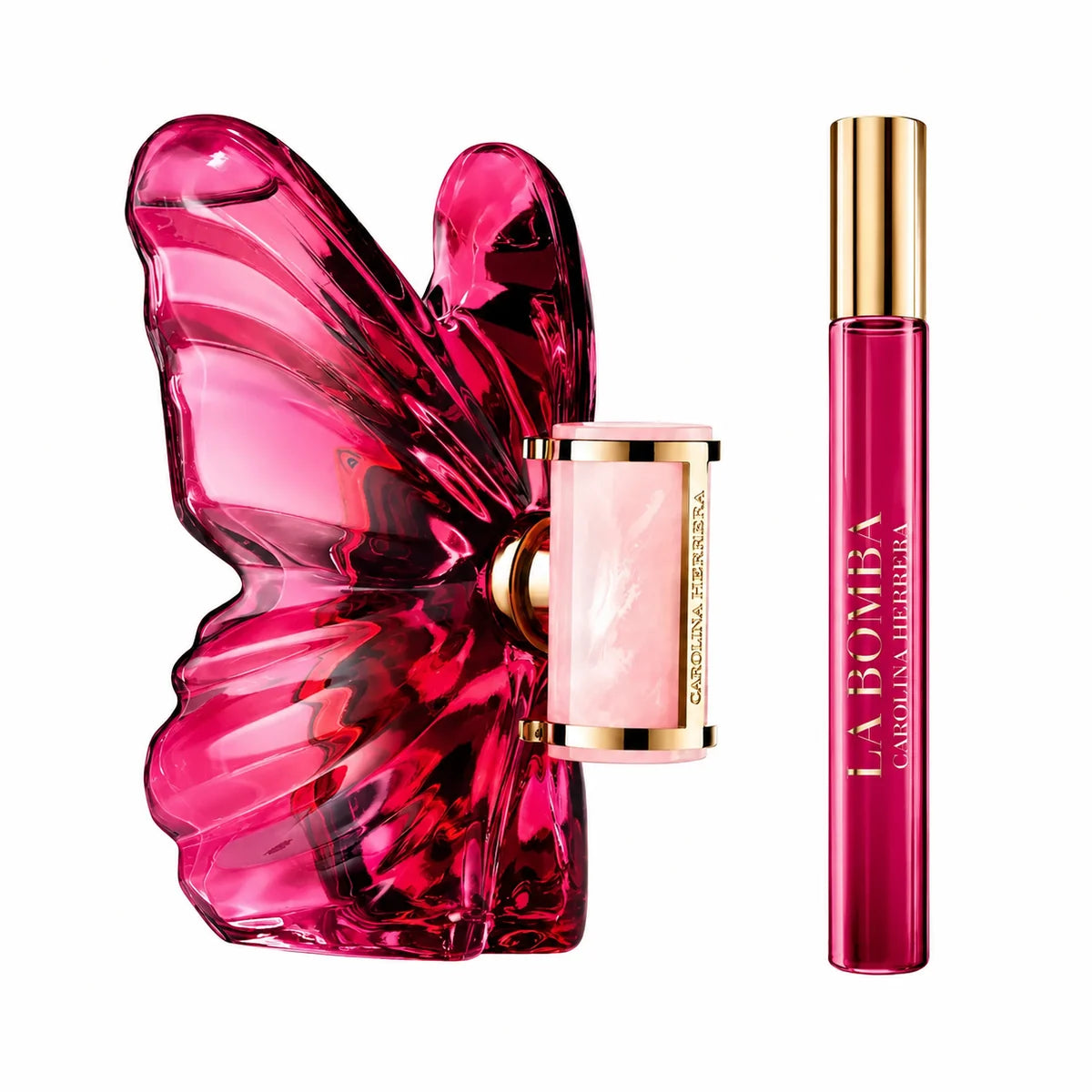 Carolina Herrera La Bomba Eau de Parfum set with 80ml and 10ml in the iconic butterfly-shaped fuchsia bottle with rose quartz stone and golden Insignia cap