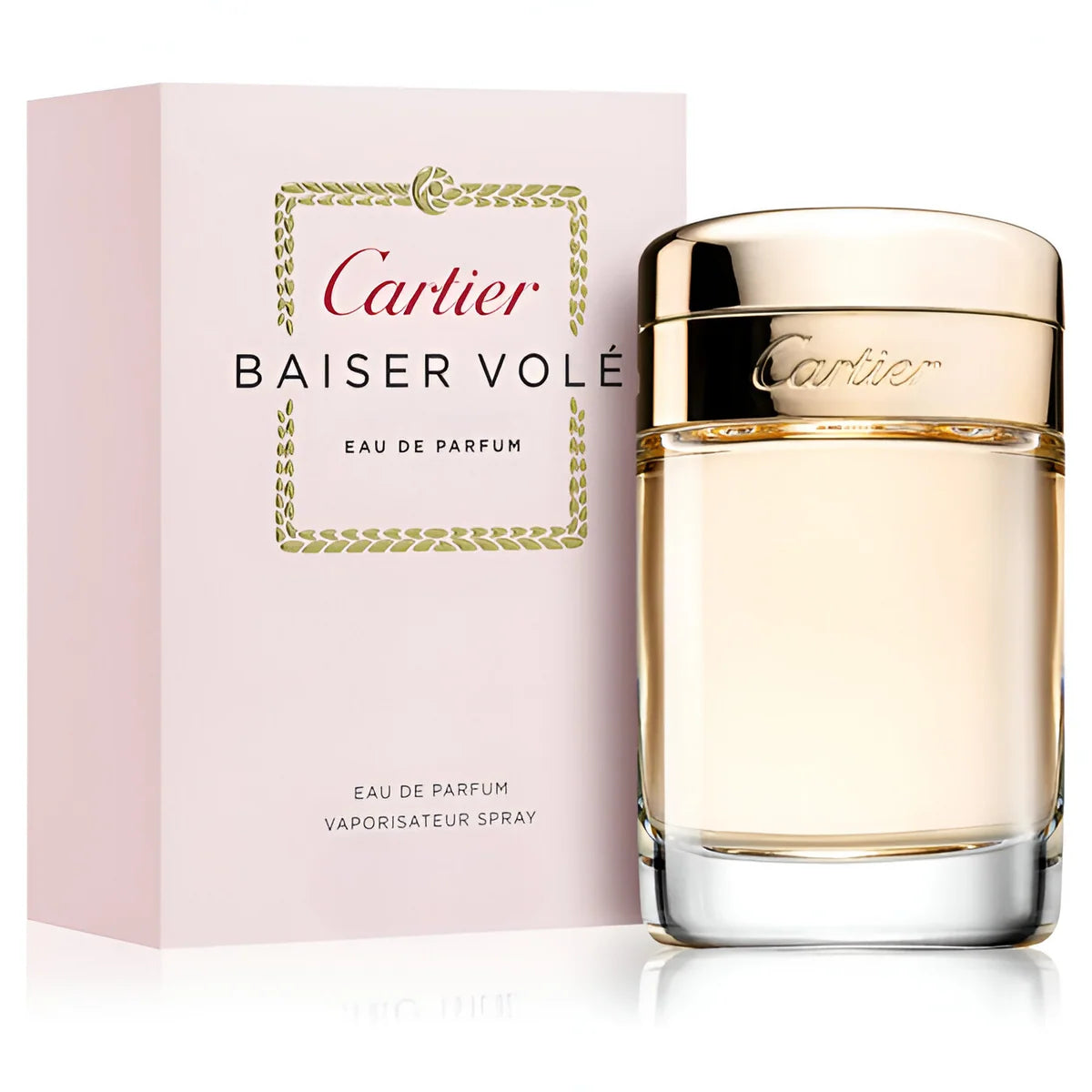Cartier Baiser Volé Eau de Parfum 100ml in an elegant clear glass bottle with golden stopper and Cartier branding