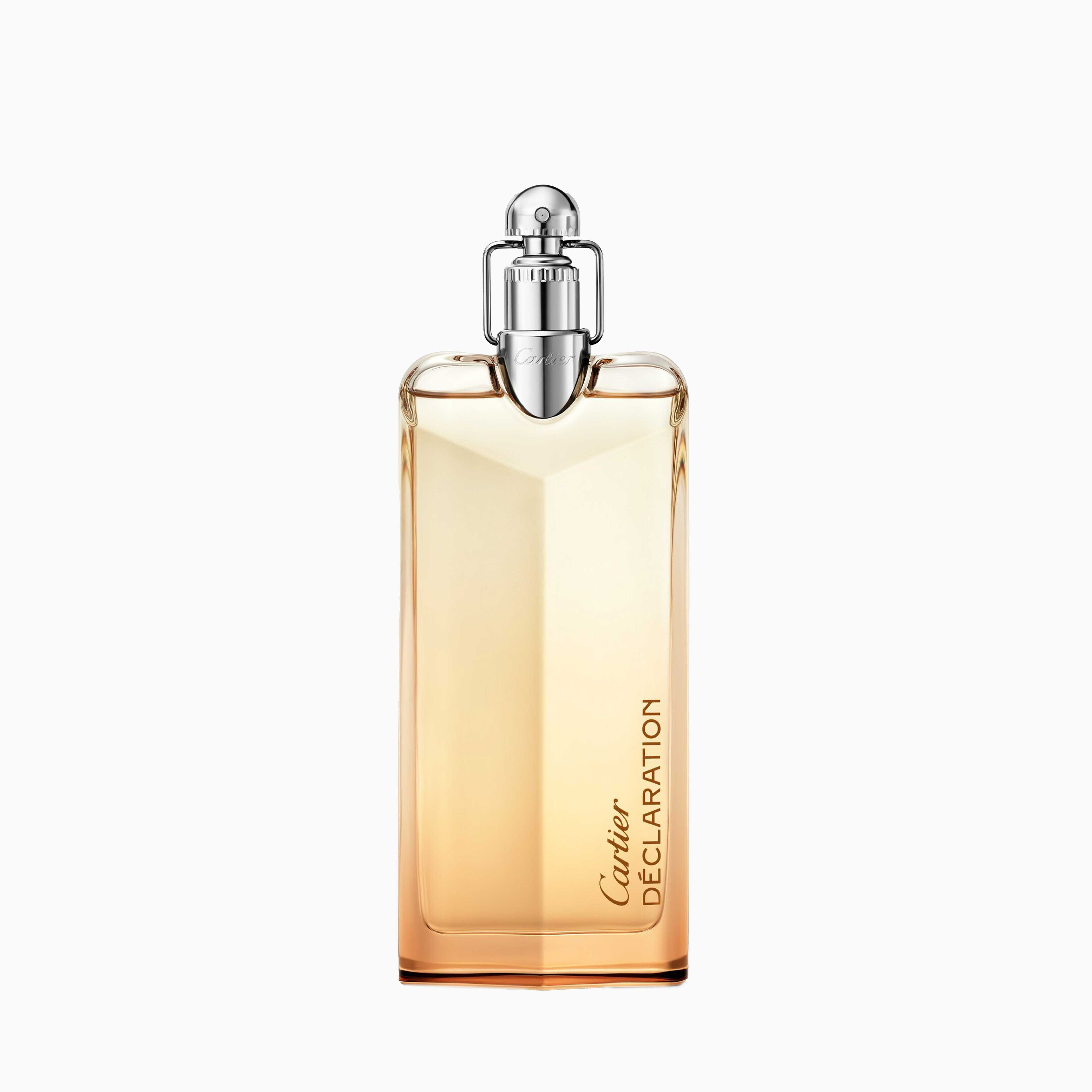 Cartier Declaration Eau de Parfum bottle with a faceted rectangular glass body, filled with a warm peachy-orange liquid and topped with a silver atomizer cap, on a solid white background.