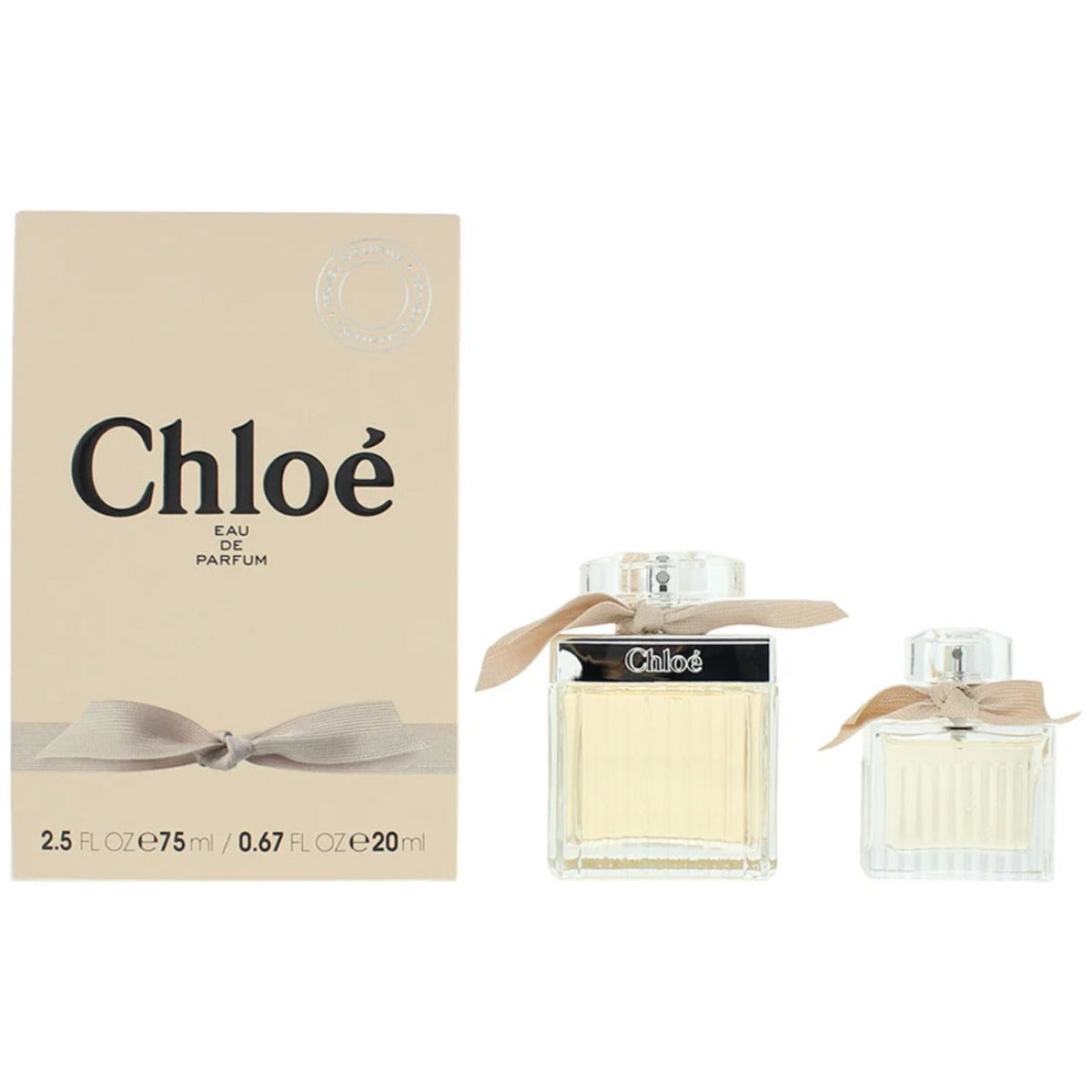 Chloé Eau de Parfum set with a beige box, a 2.5 fl oz glass bottle with a black label and beige ribbon, and a smaller matching spray bottle on a white background.