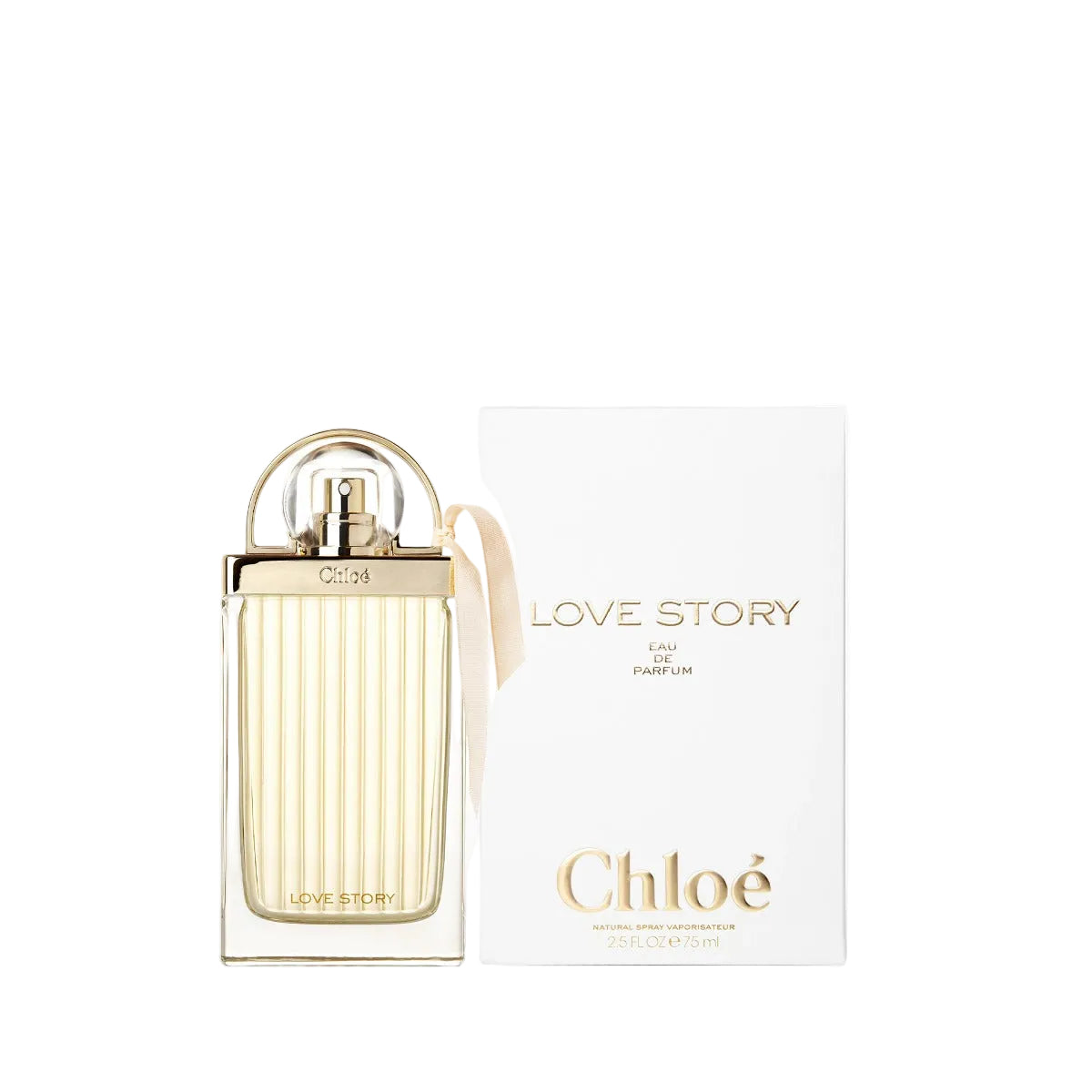 Chloé Love Story Eau de Parfum bottle with pleated glass, padlock charm and ribbon detail