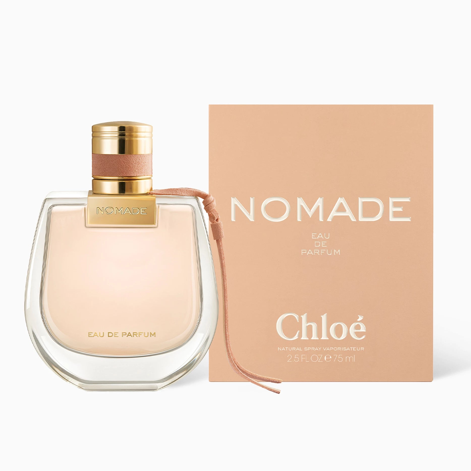 Chloé Nomade Eau de Parfum 75ml bottle with sculptural O-shaped silhouette and pink ribbon detail