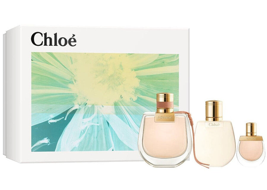 Chloe Nomade gift set featuring a 75ml Eau De Parfum bottle, 5ml travel spray, and 100ml body lotion displayed together
