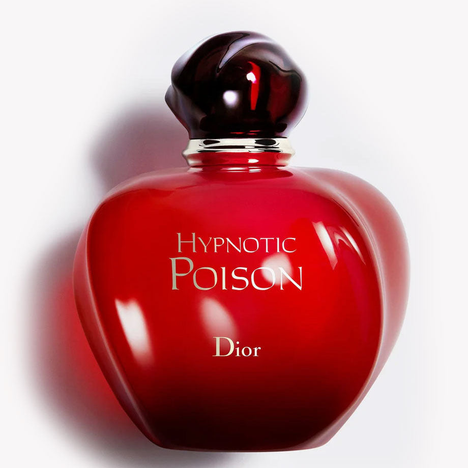 Dior Hypnotic Poison perfume bottle in glossy red glass with a dark red cap, shown on a clean white background.