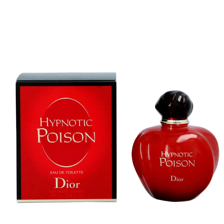 Dior Hypnotic Poison Eau de Toilette bottle and packaging box, featuring a glossy red bottle and a red box with black trim, on a plain white background.