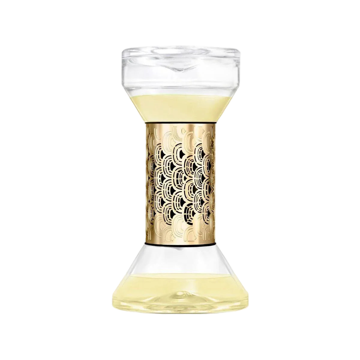 A clear glass diffuser with a decorative gold metal band featuring an intricate cutout pattern, shown on a light gray background.