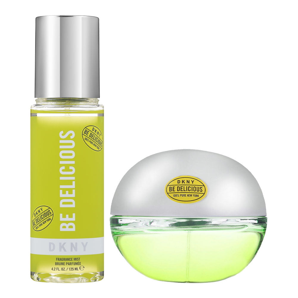DKNY Be Delicious edp and mist bottles on a white background
