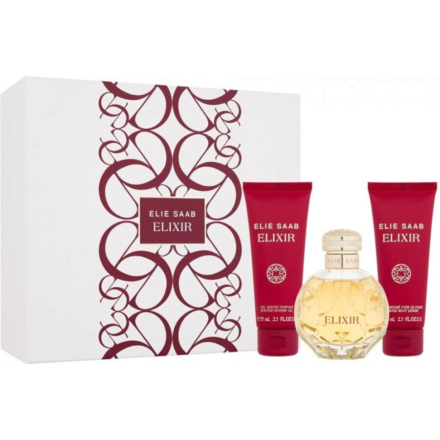 Luxury Elie Saab Elixir Eau De Parfum gift set with 100ml perfume bottle, body lotion, and shower gel elegantly displayed