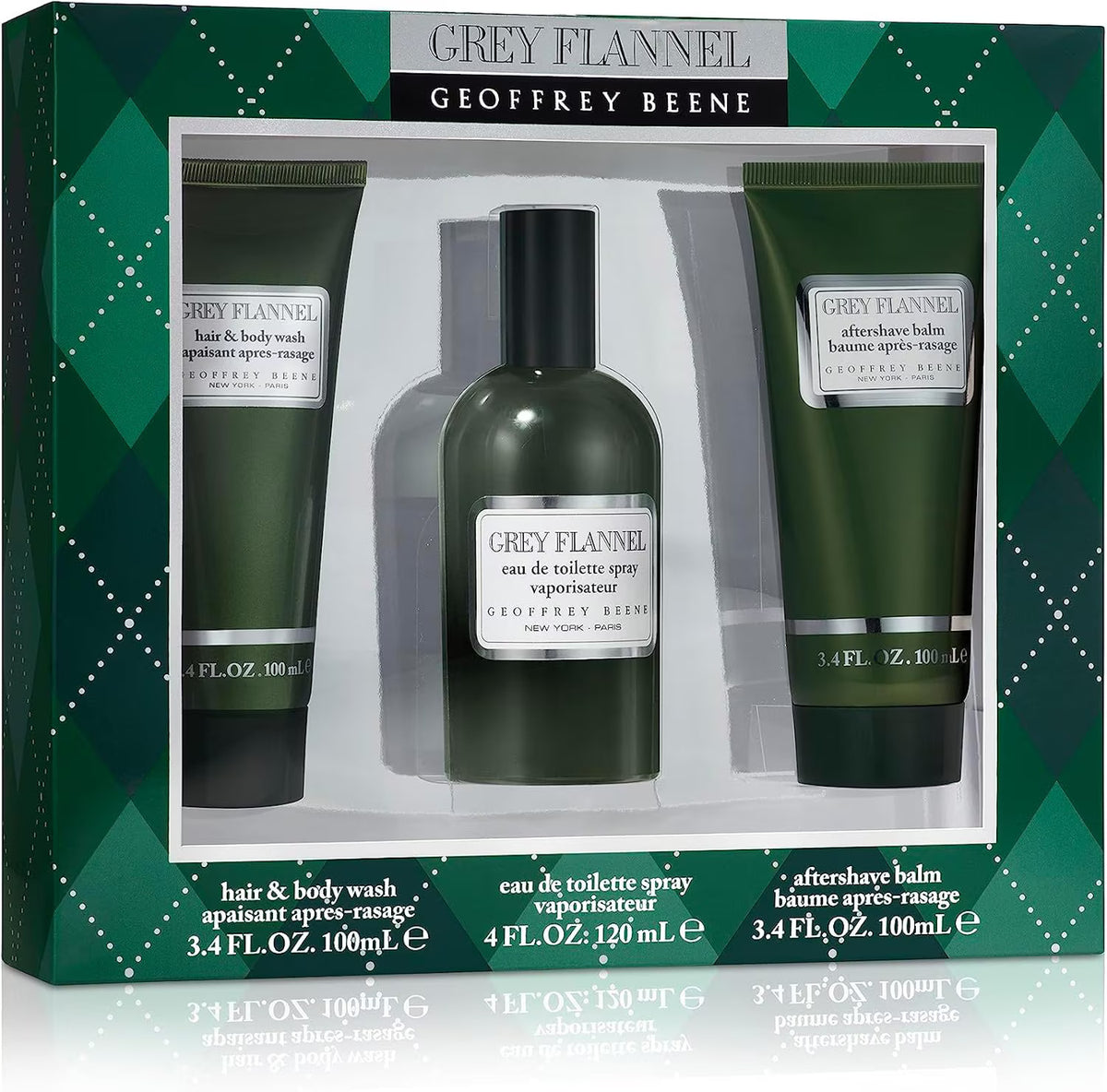 Geoffrey Beene Grey Flannel Eau de Toilette gift set with 120ml bottle, 100ml after shave balm and hair and body wash