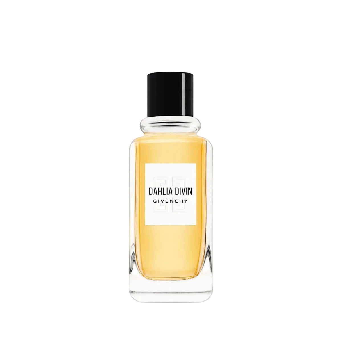 A bottle of Givenchy Dahlia Divin perfume with a clear glass body showing the golden-yellow liquid inside, a white label with black text, and a black cap, centered on a light gray background.
