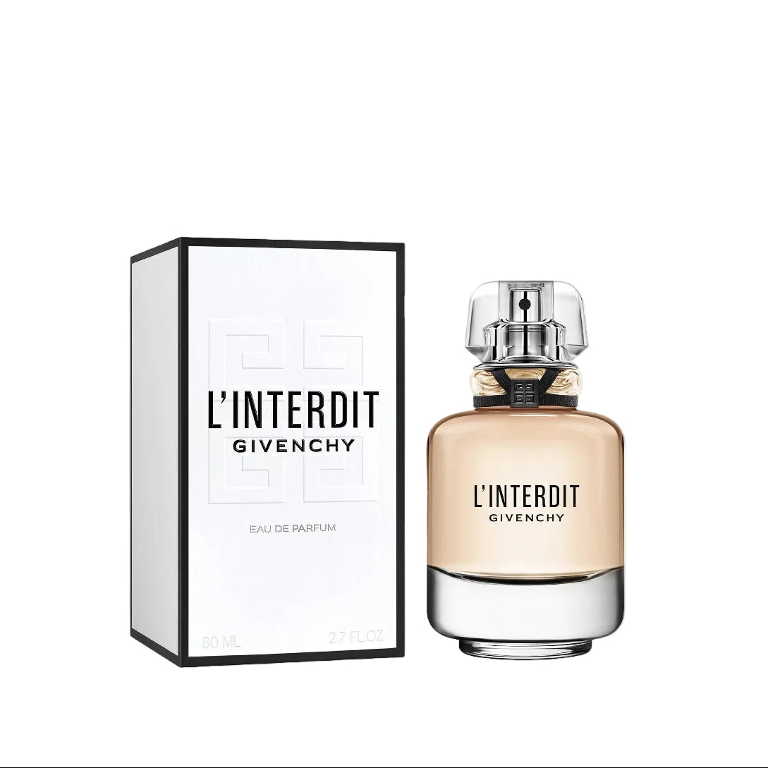 Givenchy L'Interdit Eau de Parfum 80ml bottle in sculptural clear glass with ribbon detail