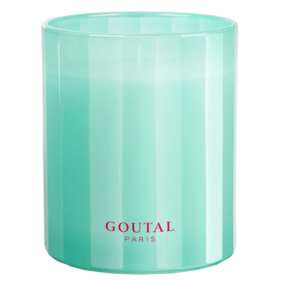 A mint green translucent cylindrical glass vessel with the brand name 'GOUTAL PARIS' printed in red near the bottom, set against a plain white background.