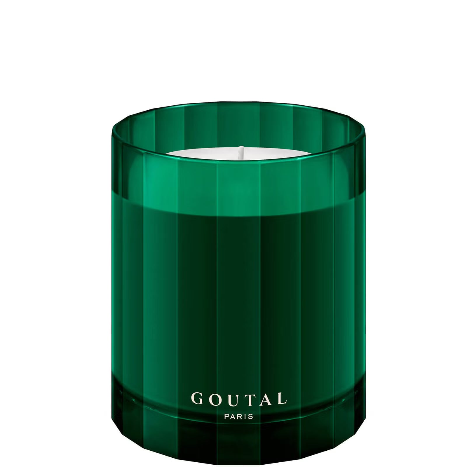 A Goutal Paris scented candle in a faceted, translucent dark green glass jar, shown on a solid white background.