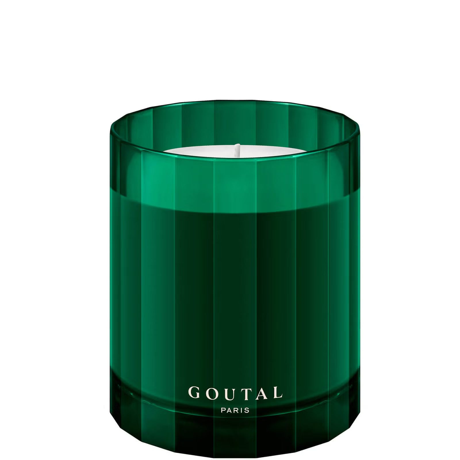 A Goutal Paris scented candle in a faceted, translucent dark green glass jar, shown against a solid white background.