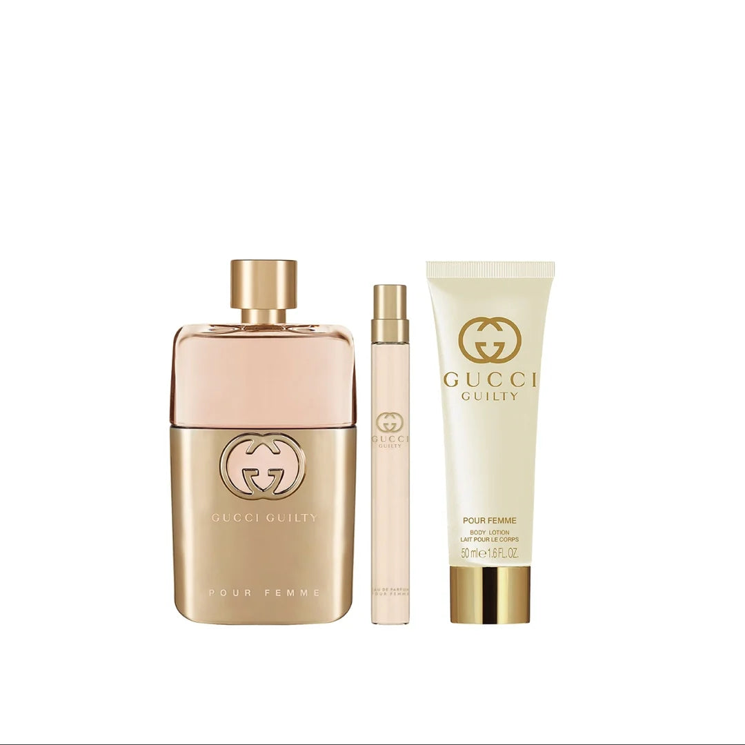 Gucci Guilty Pour Femme Eau de Parfum gift set with 90ml and 10ml bottles and 50ml body lotion