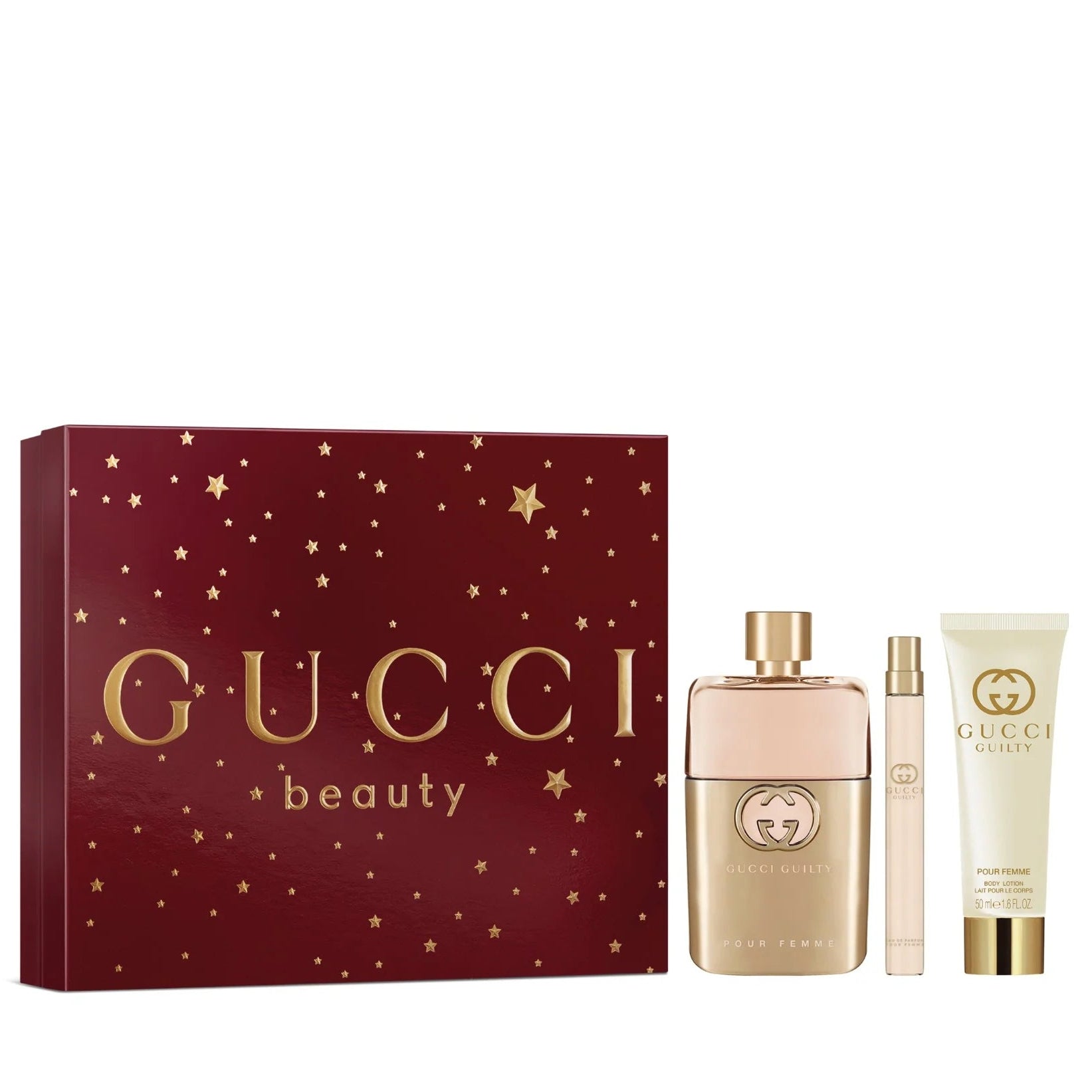 Gucci Guilty Pour Femme Eau de Parfum gift set with 90ml and 10ml bottles and 50ml body lotion in a gold and red Gucci Guilty packaging