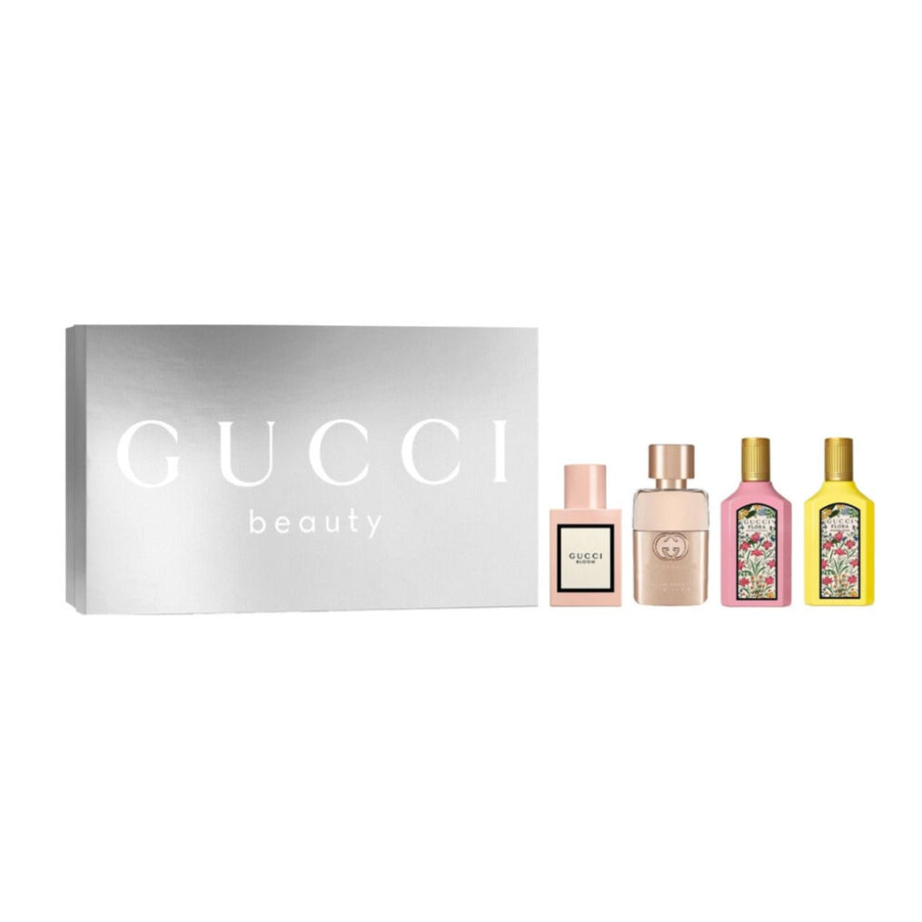 Gucci women’s mini perfume set with Guilty, Flora Gorgeous Orchid, Flora Gorgeous Gardenia, and Bloom 5ml miniatures