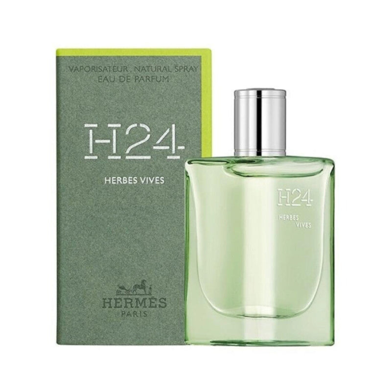 Hermes H24 Herbes Vives perfume bottle and packaging on a white background