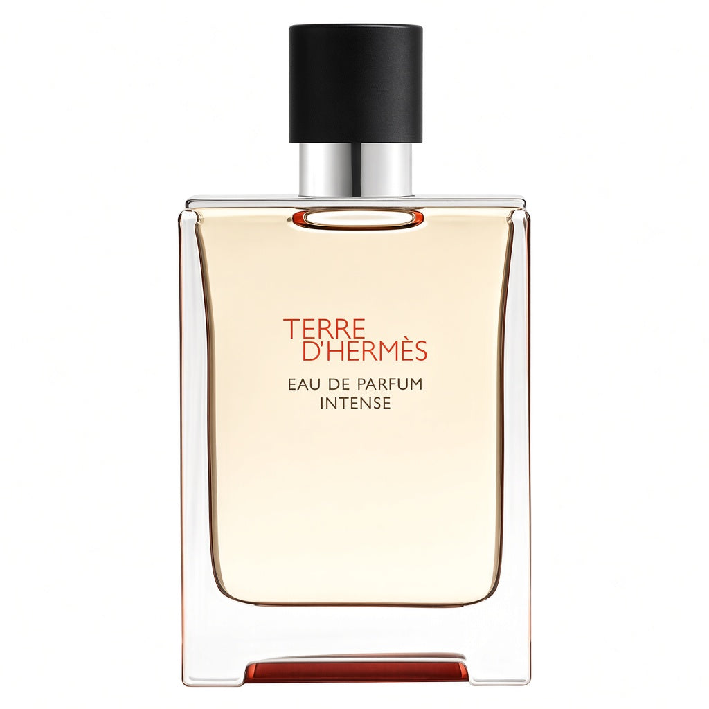A bottle of Terre d'Hermès Eau de Parfum Intense, featuring a clear glass rectangular bottle with a pale amber liquid, a black cap, and red and black text on the front, set against a plain white background.