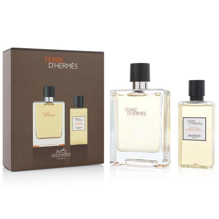 Hermès Terre d'Hermès Eau de Toilette 100ml and 80ml hair and body shower gel set in the iconic orange H bottle and metal shoulders