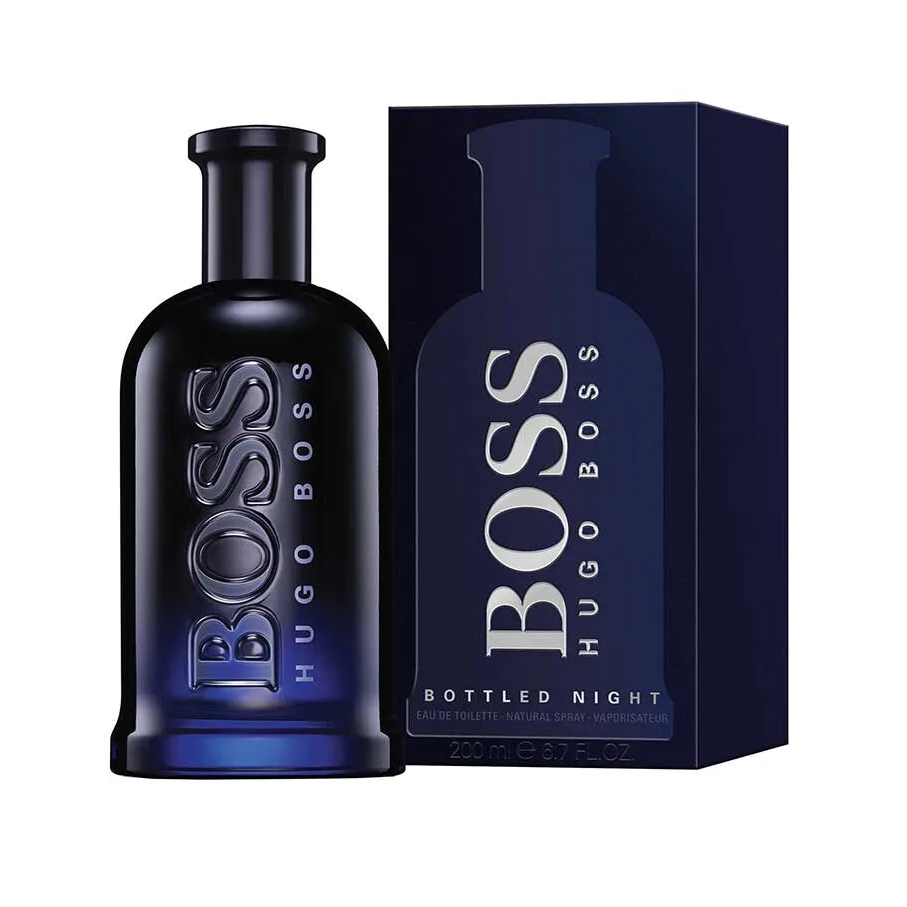 Hugo Boss Bottled Night Eau de Toilette 200ml in a midnight blue gradient glass bottle with black Hugo Boss cap