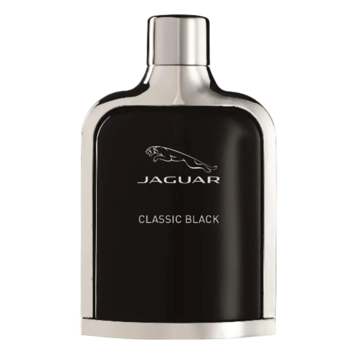 Jaguar Classic Black cologne bottle with a glossy black body and polished silver metallic cap and base, shown on a plain white background.