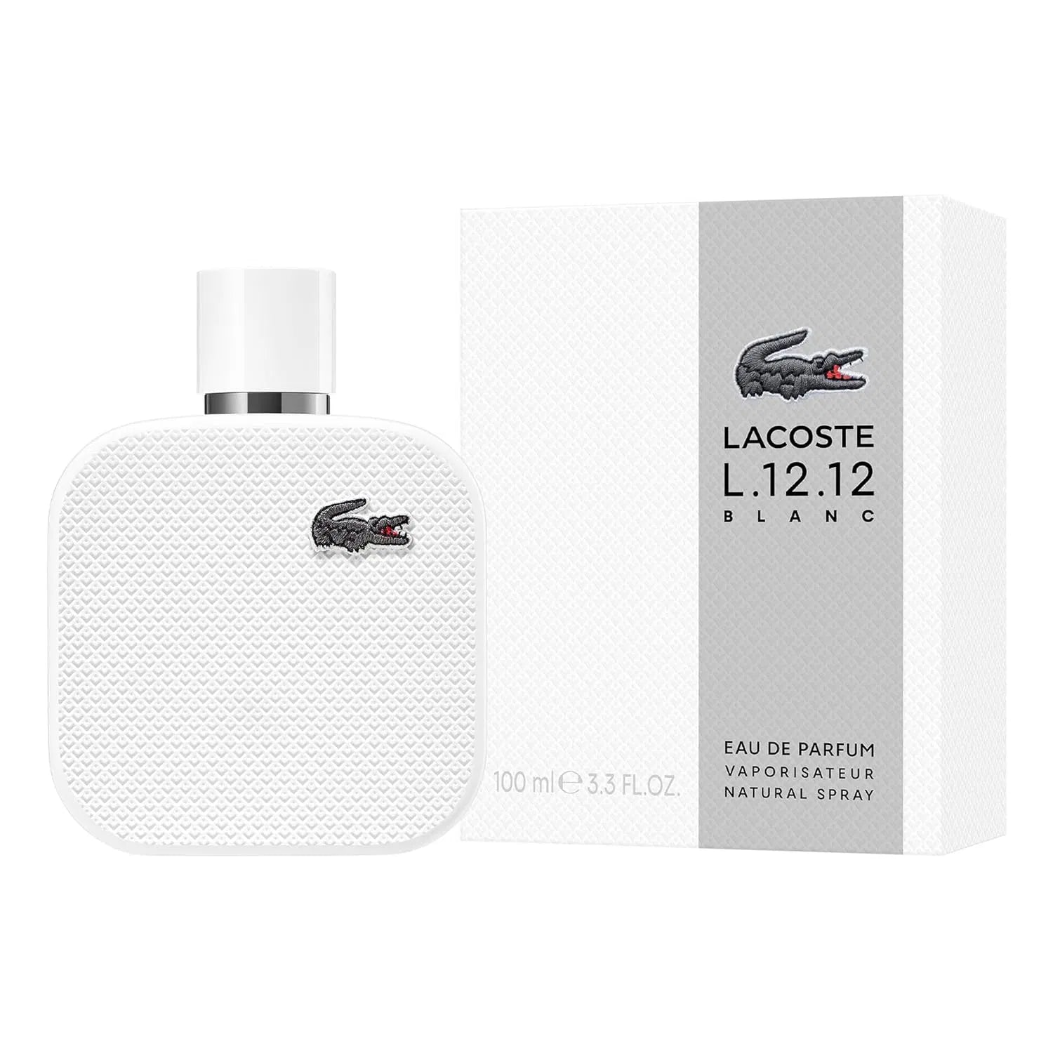 Lacoste L.12.12 Blanc perfume bottle and packaging on a white background