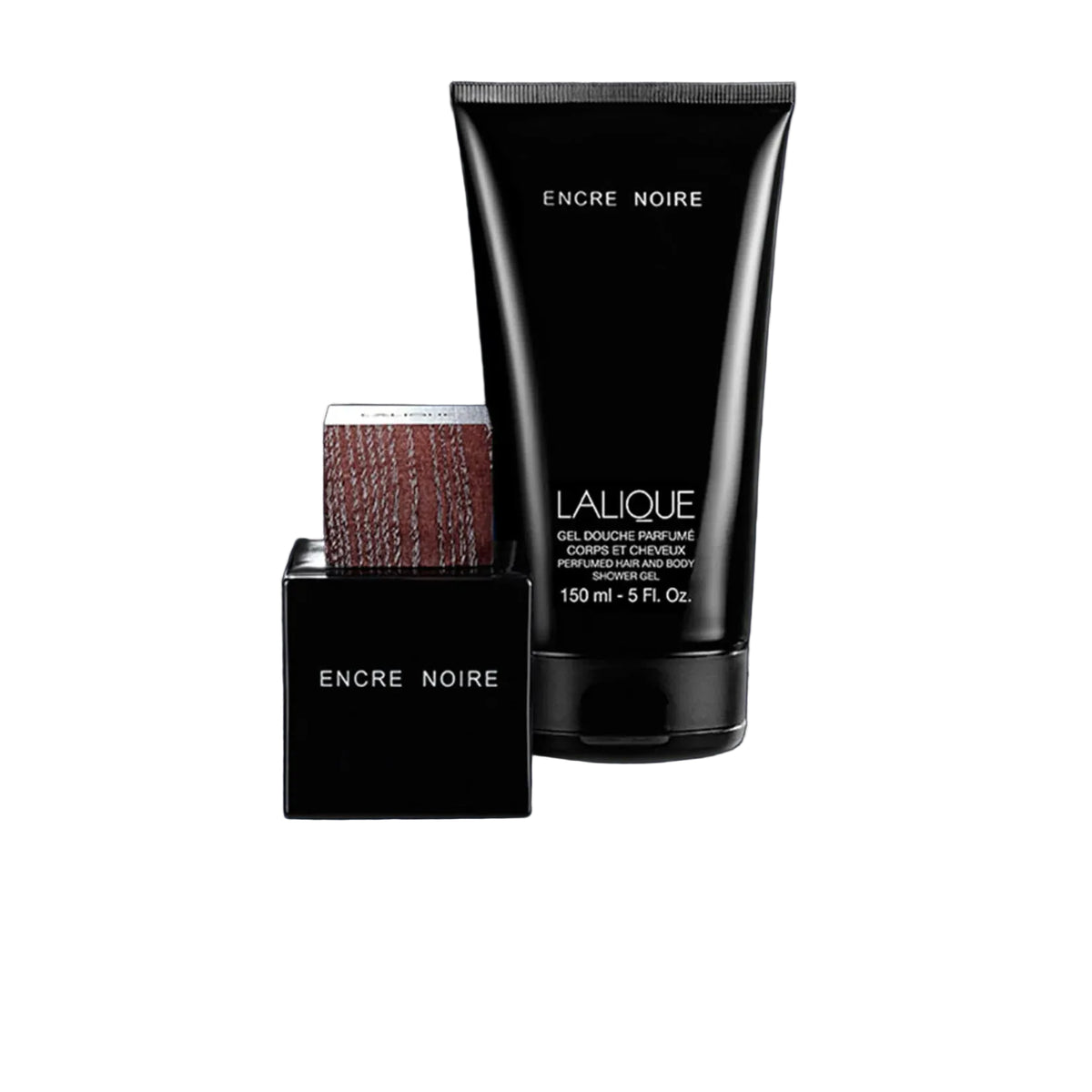 Lalique Encre Noire Eau de Toilette 100ml and 150ml shower gel set in the iconic black inkwell-inspired bottle