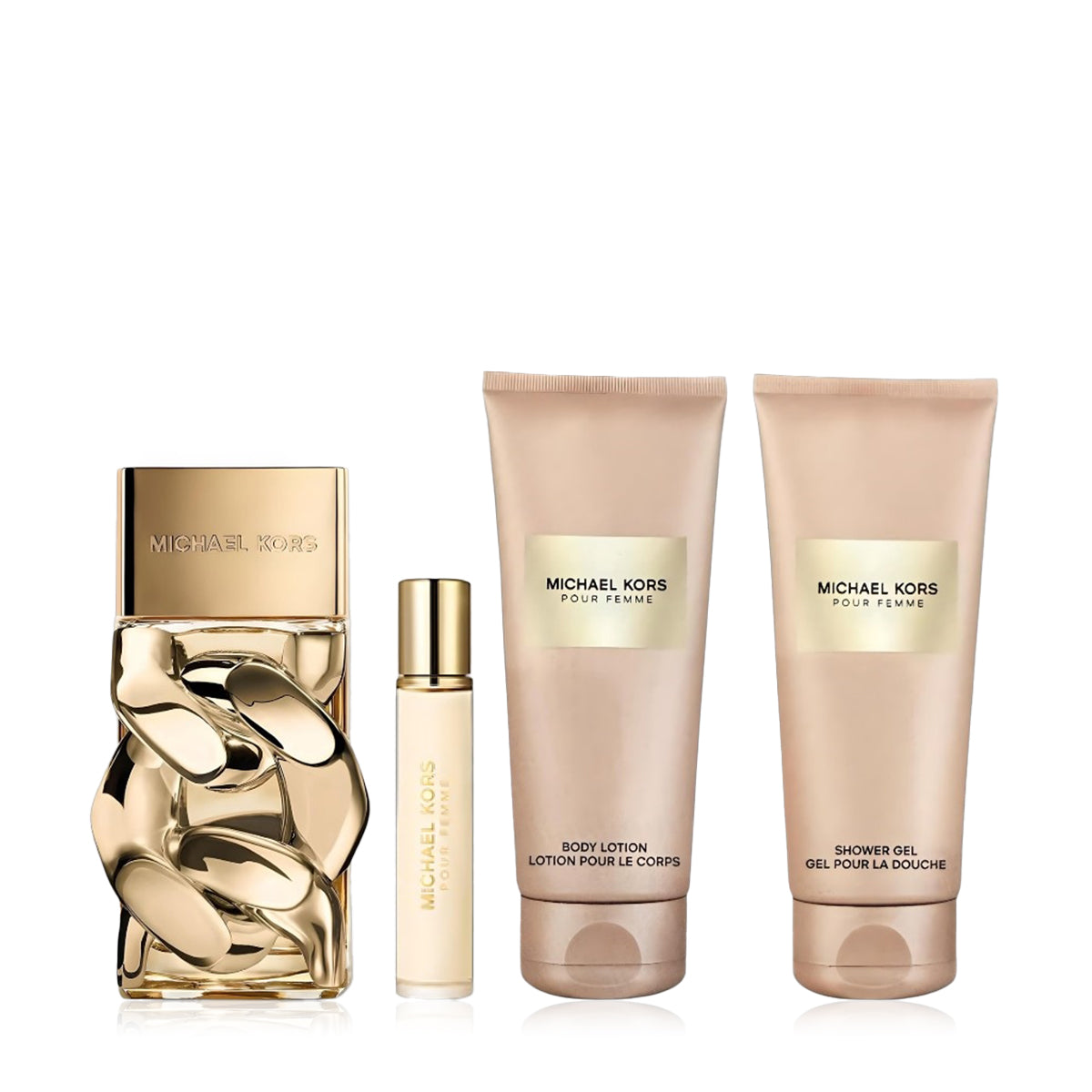 Michael Kors perfume set with a gold bottle, rollerball, body lotion, and shower gel on a white background.