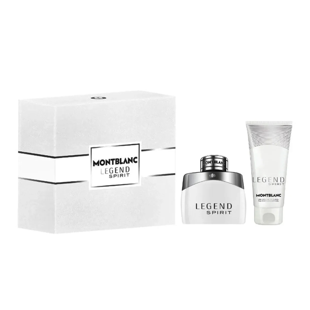 Mont Blanc Legend Spirit set — grapefruit & pink pepper top, lavender-cardamom heart, musk-oakmoss base. 50ml EDT + shower gel. Fresh, clean, everyday.
