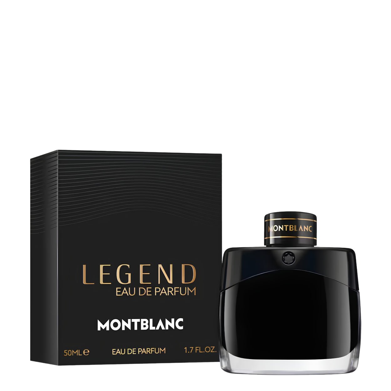 Montblanc Legend Eau de Parfum 50ml bottle next to its black packaging box with gold lettering, on a solid white background.