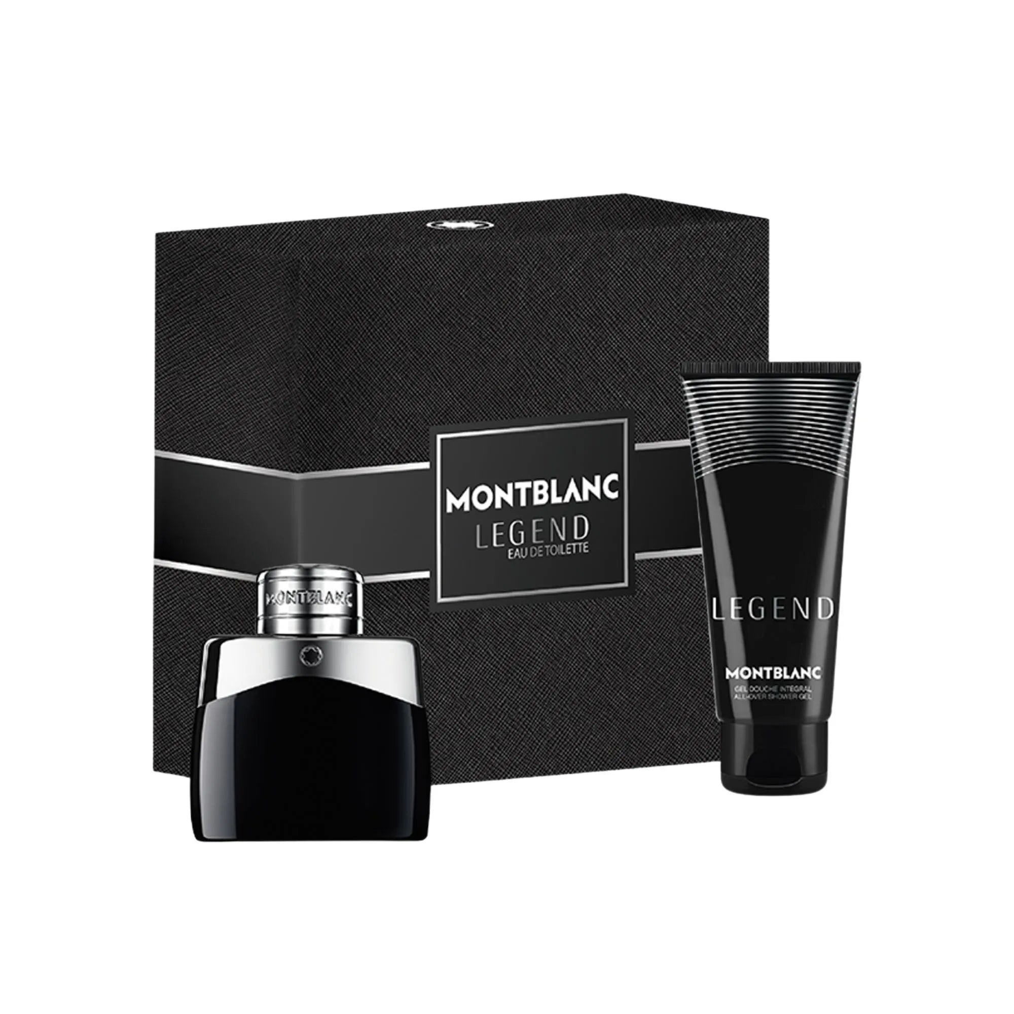 Montblanc Legend Eau de Toilette 50ml and 100ml shower gel set in the signature dark cylindrical bottle with silver Montblanc star emblem