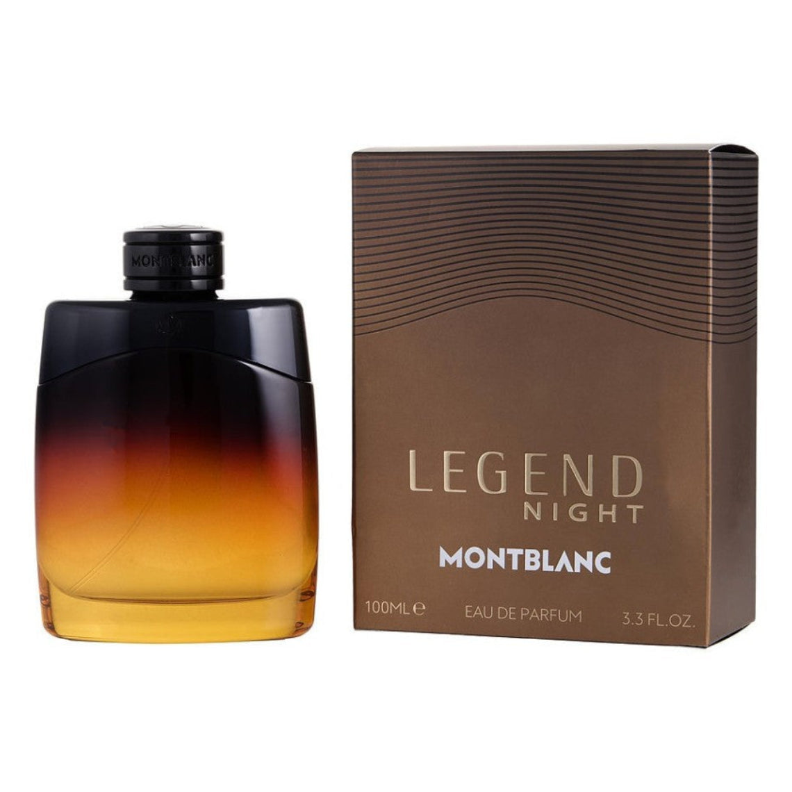 Montblanc Legend Night Eau de Parfum 100ml bottle with a black-to-brown gradient glass design, shown next to its brown packaging box on a white background.