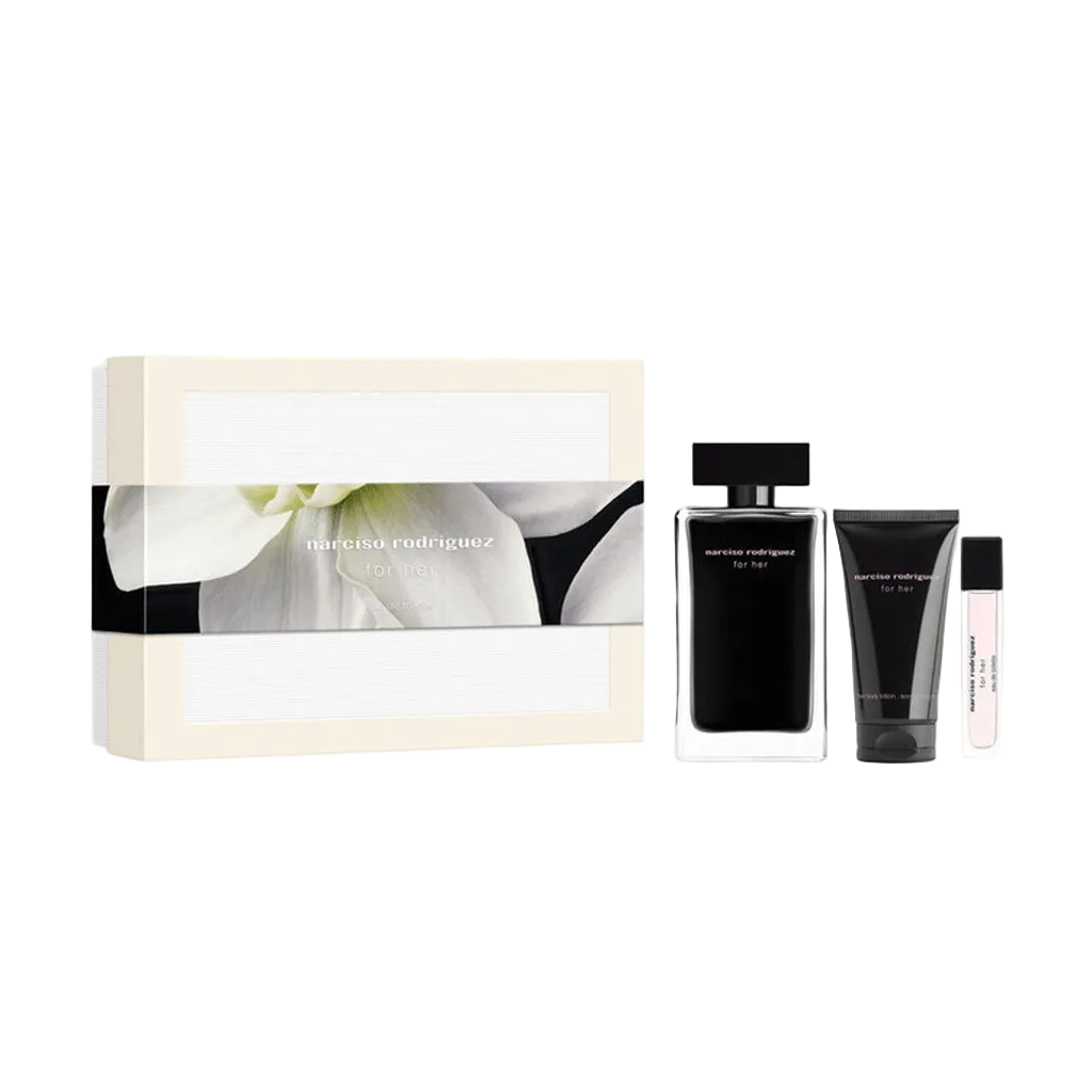 Narciso Rodriguez For Her EDT set with 100ml bottle, body lotion and 10ml travel spray in iconic black-interior glass bottle