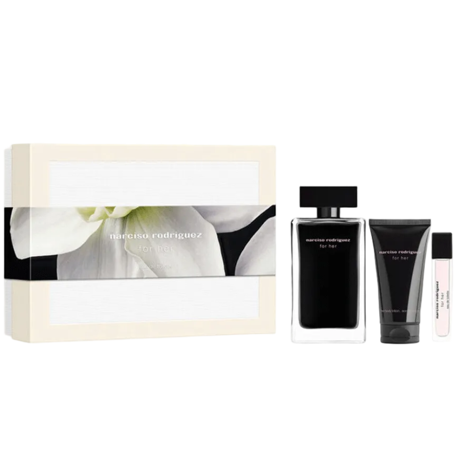 Narciso Rodriguez For Her EDT set with 100ml bottle, body lotion and 10ml travel spray in iconic black-interior glass bottle