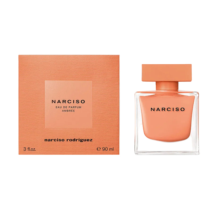 Narciso Rodriguez Narciso Eau de Parfum Ambrée 90ml in the iconic cubic glass bottle with warm amber peach lacquer and matching cap
