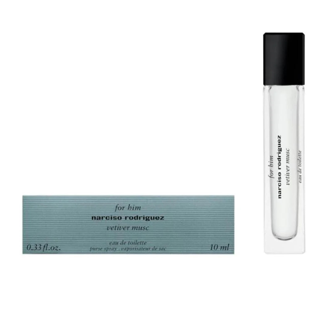Narciso Rodriguez For Him Vetiver Musc Eau De Toilette 10ml miniature bottle and packaging – woody musky vetiver fragrance for men