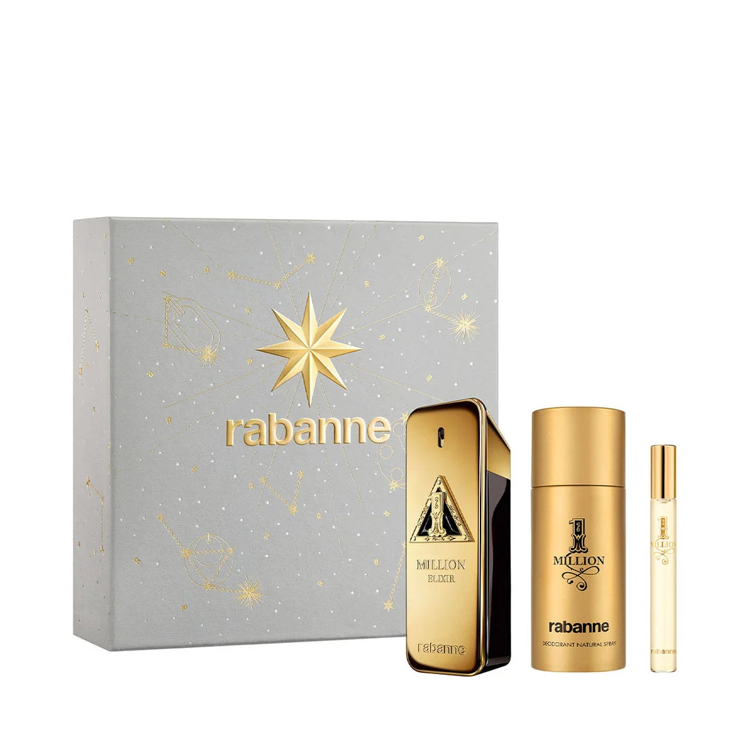 Rabanne 1 Million Elixir Parfum Intense gift set with 100ml and 10ml bottles and 150ml deodorant spray in the iconic gold bar-shaped bottle