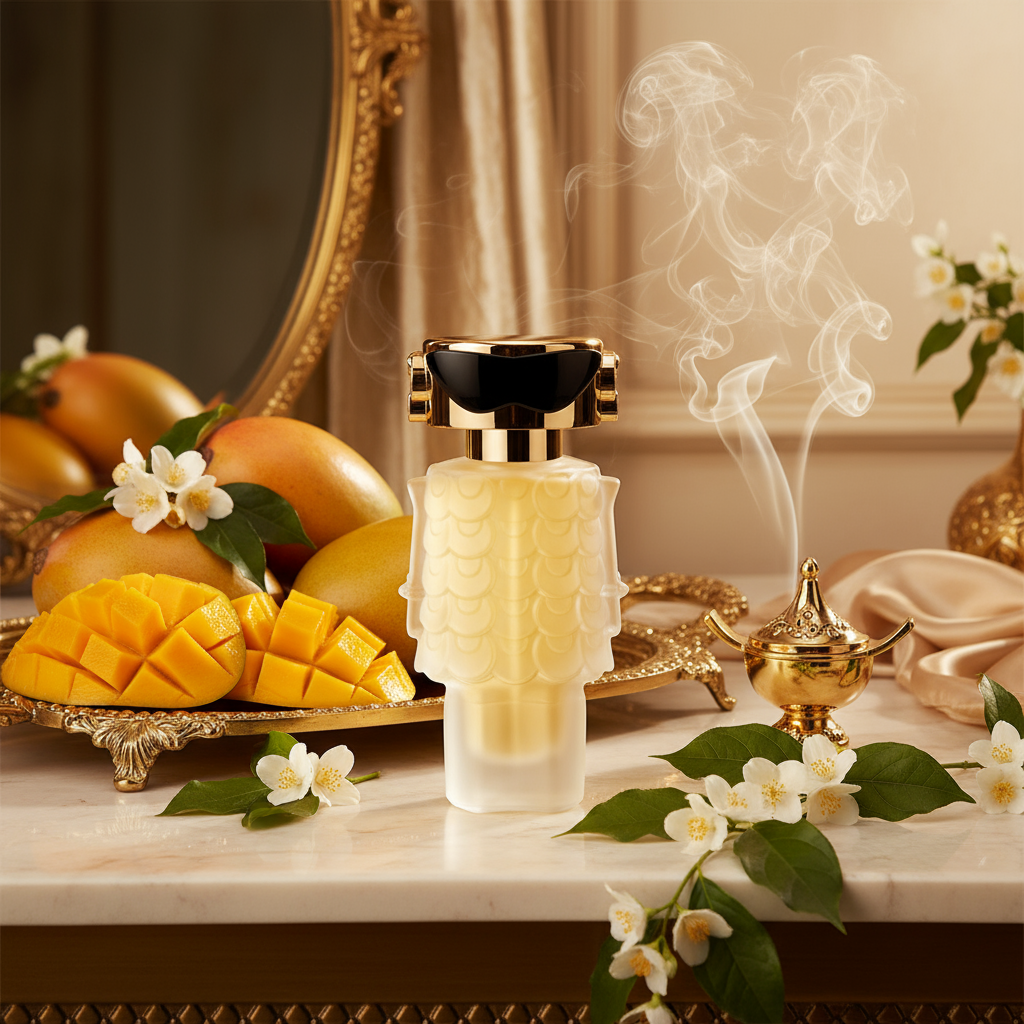 paco rabanne fame hair mist bottle with smoke, mangoes, and flowers on a decorative table.