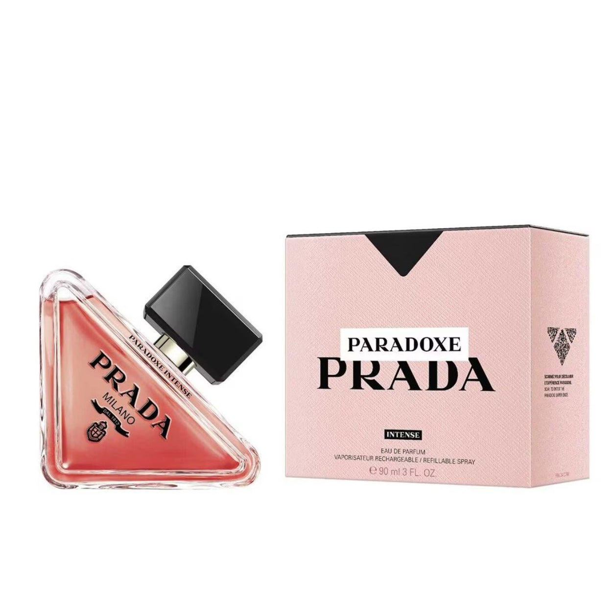 Prada Paradoxe Intense Eau de Parfum 90ml in the signature deep pink bottle with Prada lettering and clean architectural lines