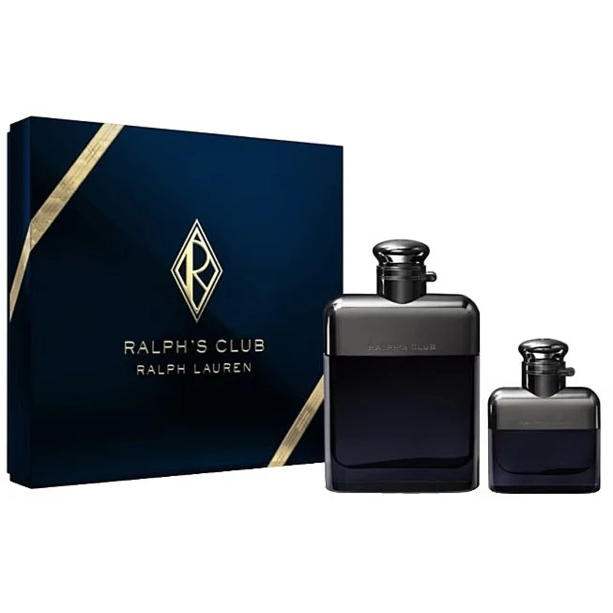 Ralph Lauren Ralph's Club Eau de Parfum set with 100ml and 30ml in the iconic sleek gunmetal flask with hinge cap and Ralph's Club monogram detail